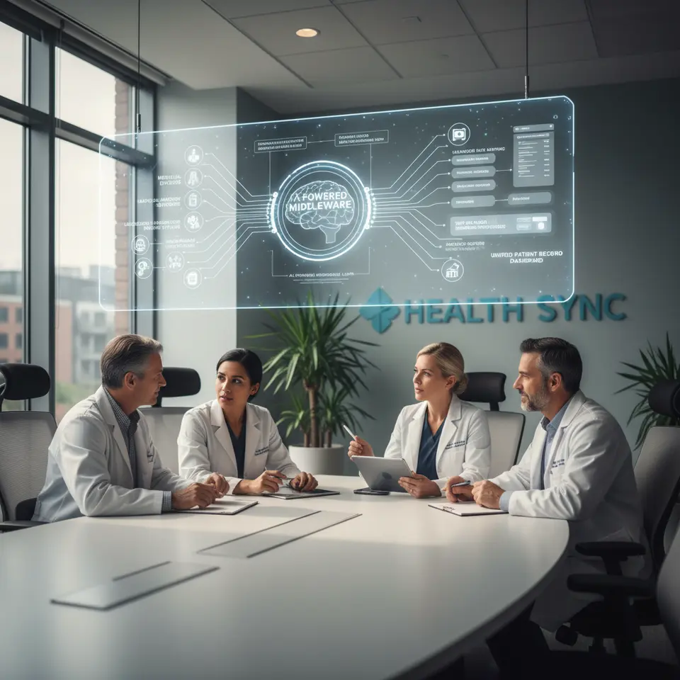 AI-driven interoperability architecture: a central AI-powered middleware layer connecting diverse healthcare data sources—EHR systems, medical imaging devices, laboratory information systems, wearable sensors, and telehealth platforms. Within the middleware, visualize modules for intelligent data mapping, NLP-based semantic processing, predictive routing, and adaptive security, all flowing into a unified patient record dashboard used by clinicians.