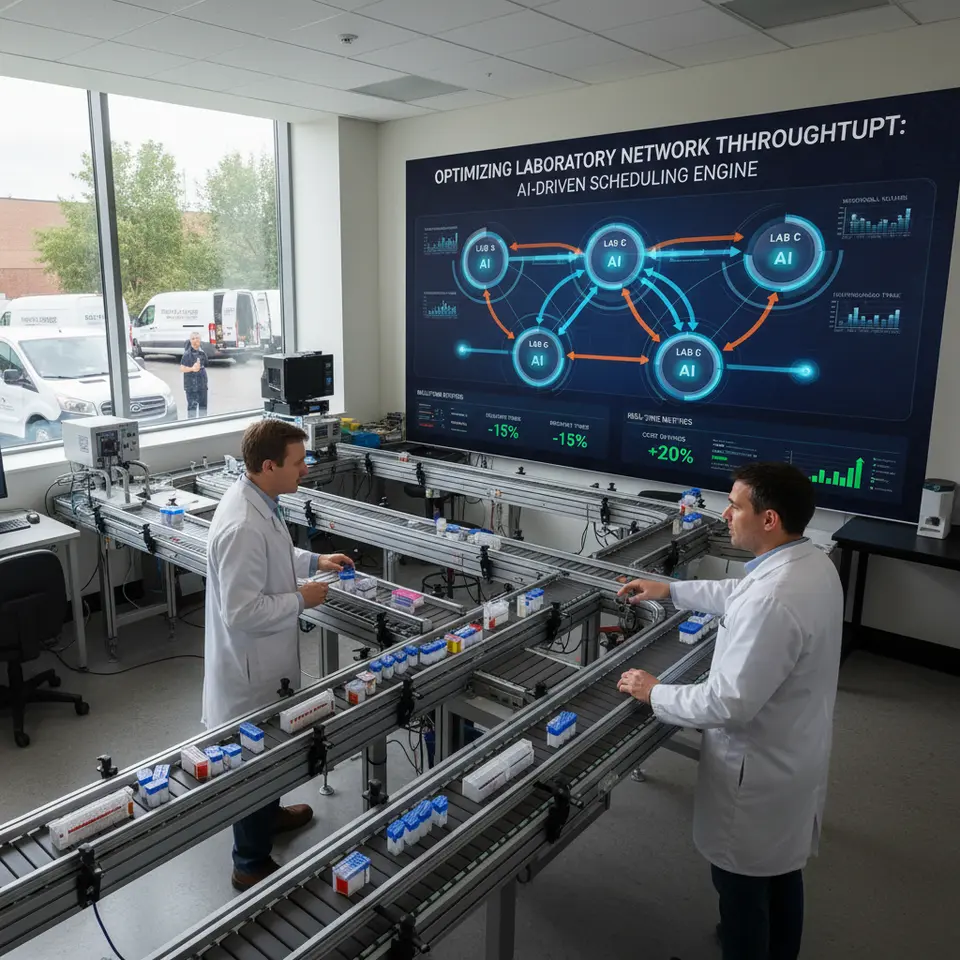 Optimizing laboratory network throughput: a regional consortium of four laboratories with an AI-driven scheduling engine. Show specimen samples on conveyor belts and courier vans, AI nodes analyzing historical volumes and turnaround times, dynamic routing arrows balancing workloads between labs, and a real-time operations dashboard highlighting reduced delivery times and cost savings.