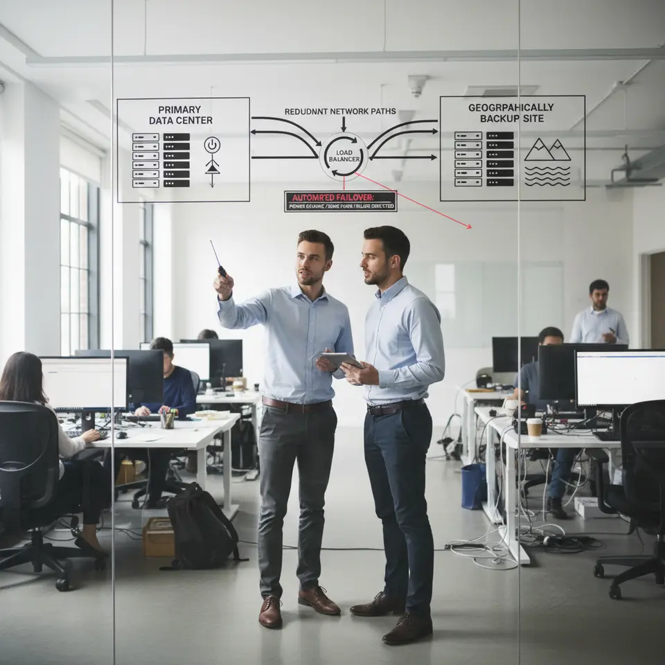 Redundancy and failover system: a high-tech diagram showing a primary data center and geographically dispersed backup site, interconnected by redundant network paths and load balancers that automatically switch traffic during a power outage or server failure