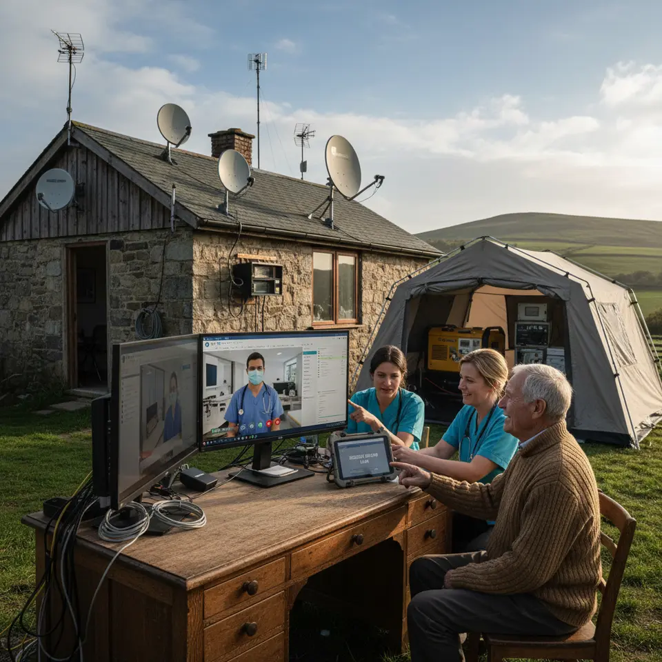 Rural telehealth expansion: a scene of a countryside clinic equipped with satellite dishes and mobile hotspots, conducting a secure, HIPAA-compliant video consultation with an urban hospital, complete with shared EHR screens and resilient backup links