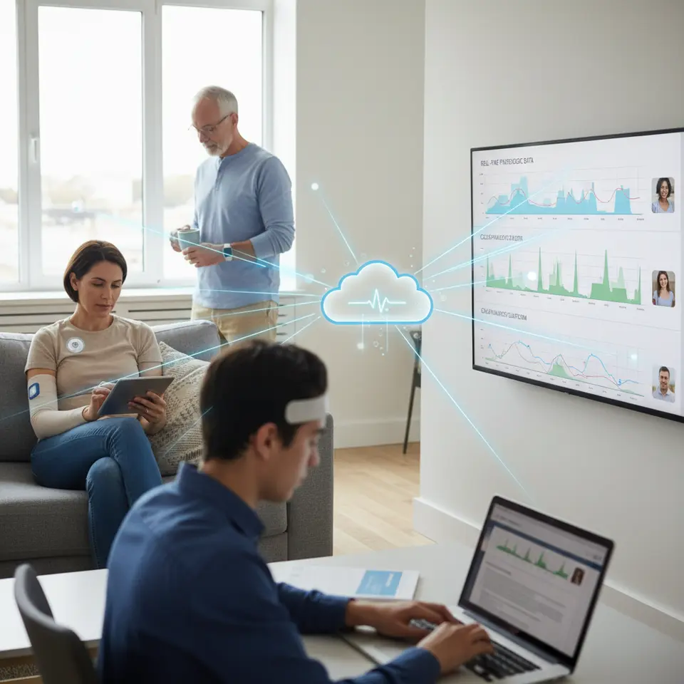 An Internet of Medical Things (IoMT) ecosystem scene: patients wearing smart sensors and wearables (heart monitors, glucose patches) transmitting real-time physiologic data to a cloud analytics platform and clinical dashboard, with wireless signals and data charts visible