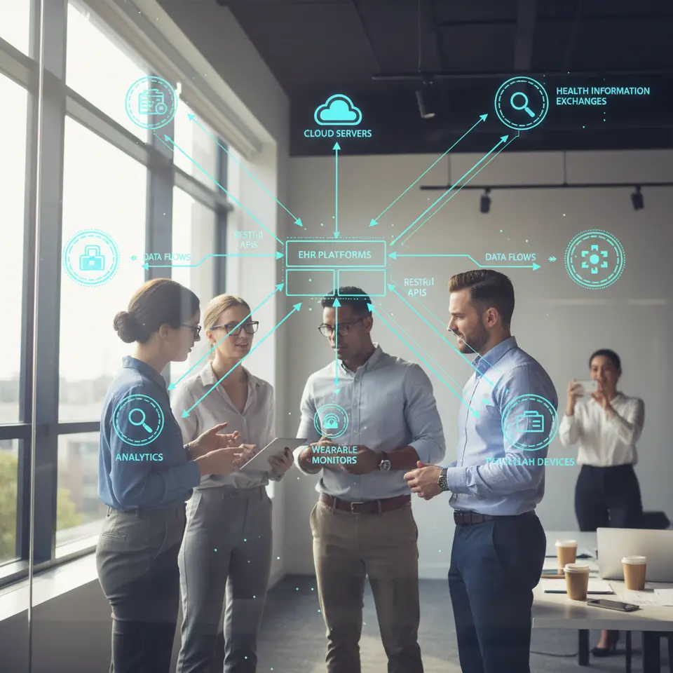 A dynamic network diagram showcasing cutting-edge health technologies: EHR platforms connected via RESTful APIs to cloud servers, health information exchanges, mobile health apps, wearable monitors and telehealth devices, with data flows and analytics icons