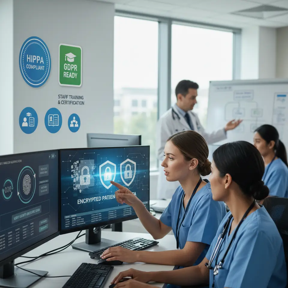 A security-focused illustration of patient data protection: encrypted medical records behind padlocks and shields, multi-factor authentication screens, audit log entries, compliance badges (HIPAA, GDPR) and staff training icons
