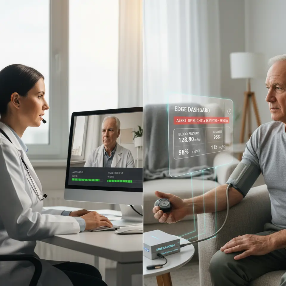 Integrating Telemedicine and Remote Patient Monitoring: A split-scene illustration showing a doctor and patient in a high-quality video consultation (with clear audio/video QoS indicators), alongside remote monitoring devices (blood pressure cuff, pulse oximeter, glucometer) feeding live data through an edge gateway that validates and compresses streams before forwarding to a central dashboard with real-time alert pop-ups.