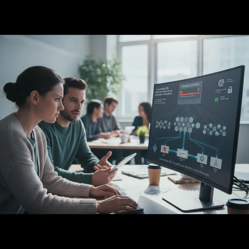 Leveraging IoT, AI, and Cloud for Scalable, Predictive Networks: A layered network diagram where diverse medical sensors and wearables (heart monitors, temperature patches) connect to edge-layer gateways for preprocessing, data flows into cloud-native microservices and serverless functions, and an AI analytics dashboard surfaces predictive insights (patient deterioration alerts, resource forecasts) with icons representing federated learning and secure IAM controls.