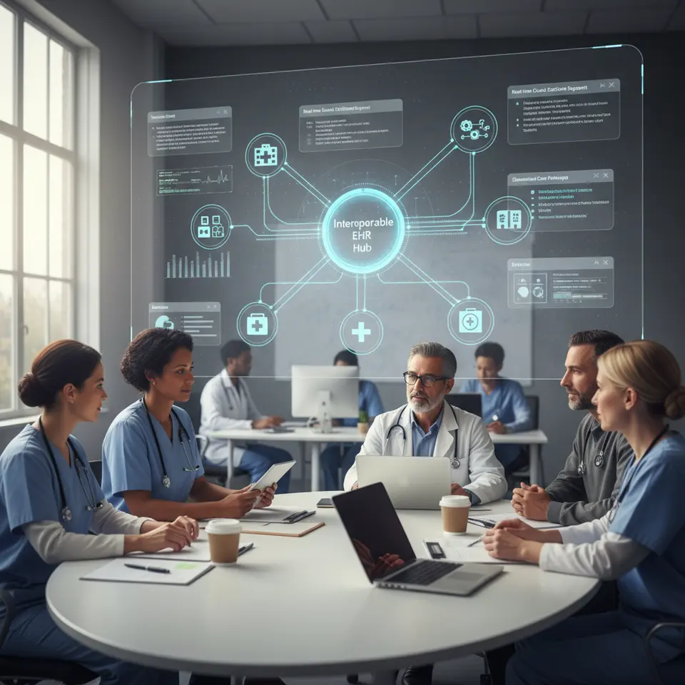 Interconnected Healthcare Network Visualizing Fragmentation Reduction: multiple hospitals, clinics, and specialized equipment icons connected by data pipelines to a centralized interoperable EHR hub; real-time clinical decision support pop-ups, multidisciplinary team avatars reviewing coordinated care pathways to illustrate streamlined services and eliminated redundancies.