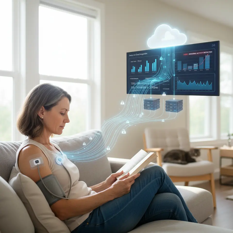 Device-to-Cloud Integration: A patient wearing wireless vital‐sign monitors (heart rate, blood pressure, glucose) that stream encrypted data via cellular/Wi-Fi to a cloud platform, with floating data pipelines leading into cloud servers and a real-time analytics dashboard displaying charts and alerts.