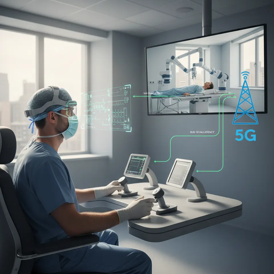 5G Connectivity Pilots in Telehealth: A high-definition remote surgery scenario over a 5G network—surgeon at a hospital console using augmented-reality overlays, patient on a remote examination table, with a 5G tower icon and green low-latency signal lines illustrating sub-10 ms connectivity.