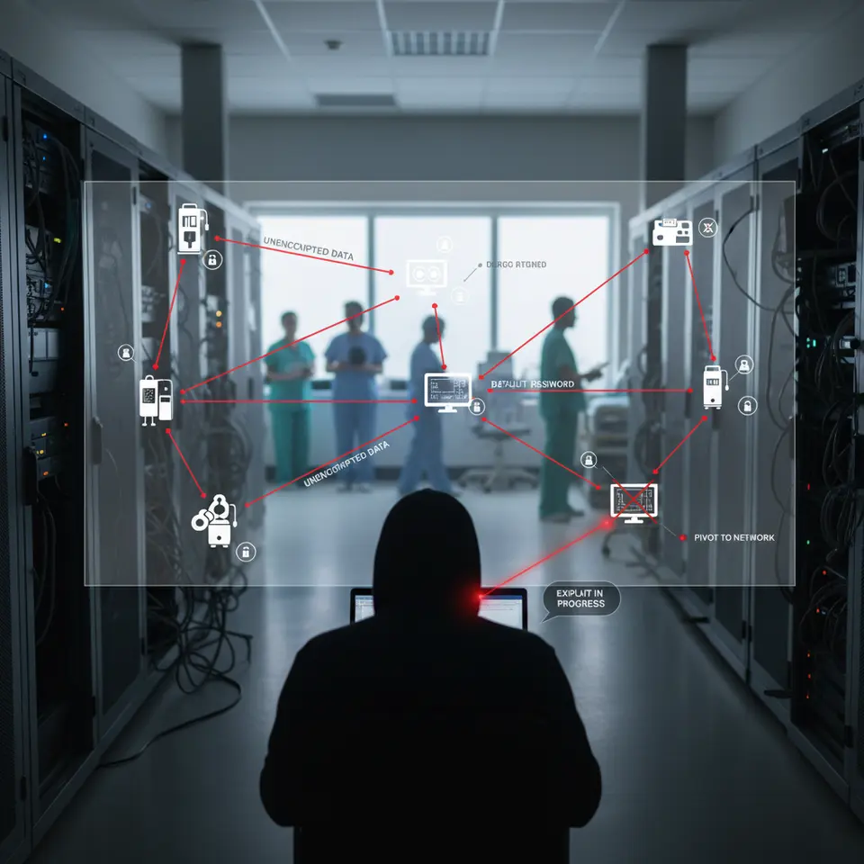 Risks from Connected Medical Devices: A hospital network diagram populated with infusion pumps, MRI scanners, wearable patient monitors and other IoT medical devices. Highlight default passwords, unencrypted data flows, and a hacker silhouette exploiting a vulnerable device to pivot into the network.