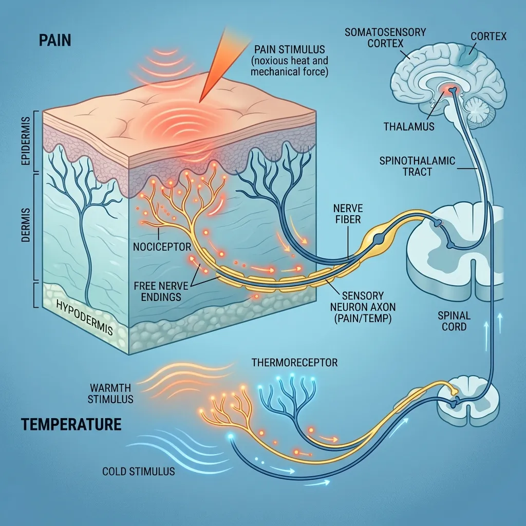How do free nerve endings detect pain and temperature