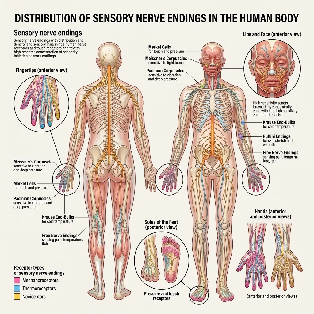 Where are sensory nerve endings found in the human body